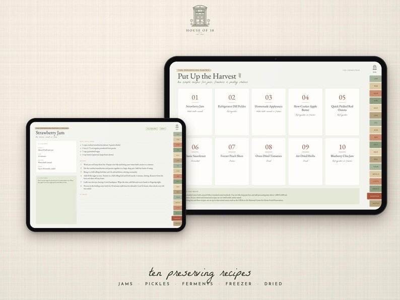 May include: Two digital tablets displaying a recipe planner titled Put Up the Harvest. The screen shows a numbered list of ten preserving recipes including Strawberry Jam, Dilly Pickles, and Applesauce, with side navigation tabs and text.