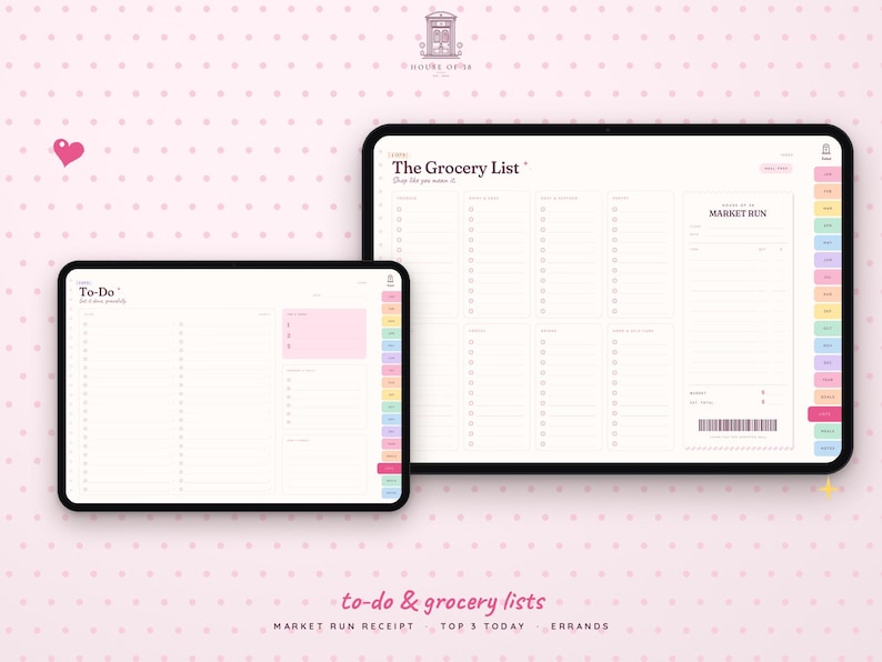 May include: Two digital tablets displaying productivity planners. The smaller screen shows a To-Do list with a pink highlight box. The larger screen displays The Grocery List with multiple columns and a Market Run receipt section with a barcode.