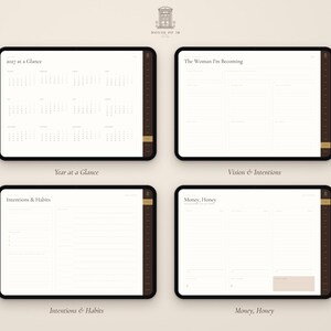 Puede incluir: Cuatro pantallas de tableta digital que muestran p&aacute;ginas de planificador con fondo claro y texto oscuro. Las p&aacute;ginas se titulan 2027 at a Glance, The Woman I'm Becoming, Intentions & Habits y Money, Honey. Cada pantalla tiene una barra de navegaci&oacute;n.