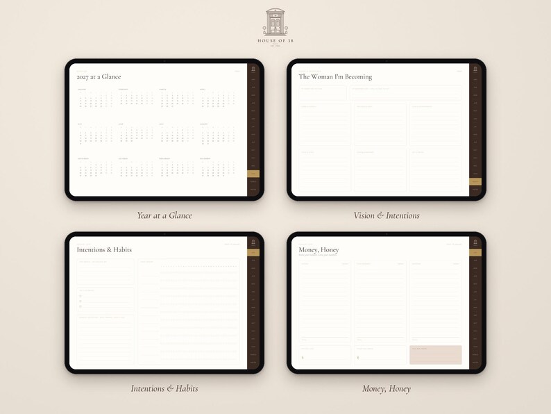 Puede incluir: Cuatro pantallas de tableta digital que muestran p&aacute;ginas de planificador con fondo claro y texto oscuro. Las p&aacute;ginas se titulan 2027 at a Glance, The Woman I'm Becoming, Intentions & Habits y Money, Honey. Cada pantalla tiene una barra de navegaci&oacute;n.