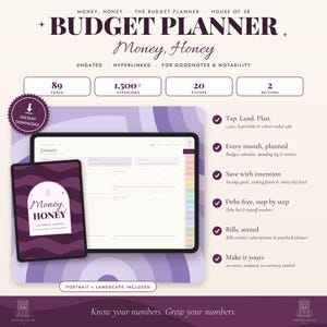 Op de afbeelding: Een digitale budgetplanner genaamd Money, Honey van House of 38. De planner bevat 89 pagina's, 1.500+ hyperlinks, 20 covers en 2 edities. Het bevat een januari-kalenderoverzicht, uitgavenlogboeken, spaardoelen, schuldentrackers en factuurplanners voor GoodNotes en Notability.