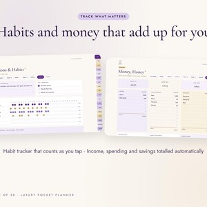 K&ouml;nnte beinhalten: Eine digitale Planer-Oberfl&auml;che mit zwei Bildschirmen, betitelt Intentions & Habits und Money, Honey. Das Layout enth&auml;lt Punkte zur Gewohnheitsverfolgung, Finanzspalten f&uuml;r Einnahmen und Ausgaben sowie seitliche Reiter. Text: Track What Matters.