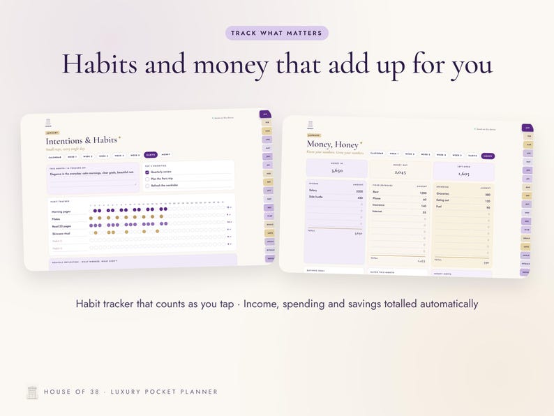 K&ouml;nnte beinhalten: Eine digitale Planer-Oberfl&auml;che mit zwei Bildschirmen, betitelt Intentions & Habits und Money, Honey. Das Layout enth&auml;lt Punkte zur Gewohnheitsverfolgung, Finanzspalten f&uuml;r Einnahmen und Ausgaben sowie seitliche Reiter. Text: Track What Matters.
