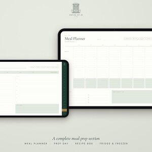 May include: Two digital tablets displaying a meal planner interface with a white background, light green accents, and dark green side navigation bars. The screens show organized grids for weekly meal planning, grocery lists, and prep sections with text labels.