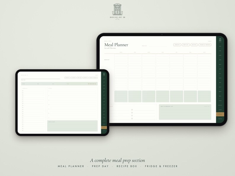 May include: Two digital tablets displaying a meal planner interface with a white background, light green accents, and dark green side navigation bars. The screens show organized grids for weekly meal planning, grocery lists, and prep sections with text labels.