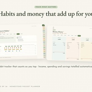 May include: A digital planner interface featuring two screens labeled Intentions & Habits and Money, Honey. The layout includes habit trackers with colored dots, financial columns for income, spending, and savings, and side navigation tabs.