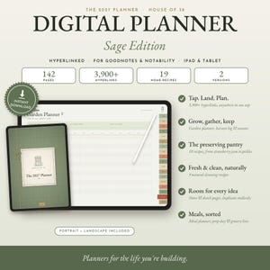 May include: The 2027 Planner Sage Edition digital planner for iPad and tablet features 142 pages, 3,900+ hyperlinks, 19 home recipes, and two versions. The interface displays a garden planner layout with a stylus and a green cover design.