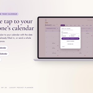 K&ouml;nnte beinhalten: Ein Laptop-Bildschirm zeigt eine digitale Kalenderoberfl&auml;che mit einem Pop-up-Fenster namens Add to my calendar. Der Text lautet One tap to your phone's calendar, mit Schaltfl&auml;chen f&uuml;r Apple Calendar, Google Calendar und Outlook.