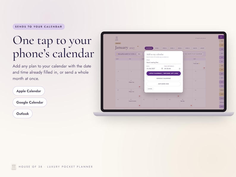 K&ouml;nnte beinhalten: Ein Laptop-Bildschirm zeigt eine digitale Kalenderoberfl&auml;che mit einem Pop-up-Fenster namens Add to my calendar. Der Text lautet One tap to your phone's calendar, mit Schaltfl&auml;chen f&uuml;r Apple Calendar, Google Calendar und Outlook.