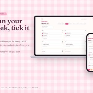 Może przedstawiać: Cyfrowy planer tygodniowy wyświetlany na ekranie laptopa i smartfona. Interfejs zawiera r&oacute;żowe akcenty, pola wyboru oraz tekst Plan your week, tick it off, Week 2 i House of 38 Bubblegum Pocket Planner.