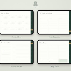 May include: Four digital tablet screens displaying planner pages with dark green side tabs. The pages are titled 2027 at a Glance, The Woman I'm Becoming, Intentions & Habits, and Money, Honey, featuring white backgrounds with black text and lines.