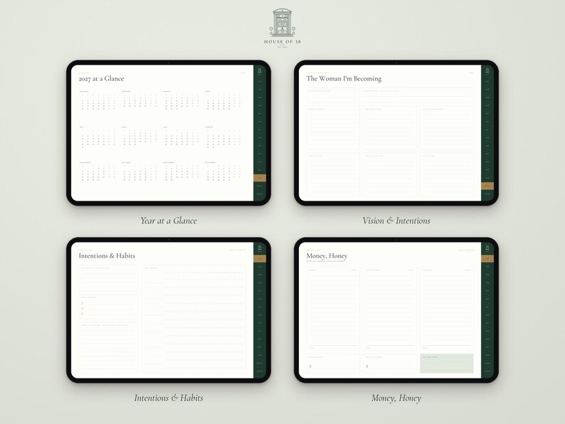 May include: Four digital tablet screens displaying planner pages with dark green side tabs. The pages are titled 2027 at a Glance, The Woman I'm Becoming, Intentions & Habits, and Money, Honey, featuring white backgrounds with black text and lines.