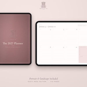May include: A digital planner in dusty rose, shown in both portrait and landscape orientations on tablet screens. The cover displays the text 'The 2027 Planner' and a logo. The landscape view shows a weekly calendar layout for January 4-10.