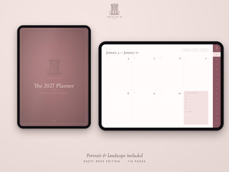 May include: A digital planner in dusty rose, shown in both portrait and landscape orientations on tablet screens. The cover displays the text 'The 2027 Planner' and a logo. The landscape view shows a weekly calendar layout for January 4-10.