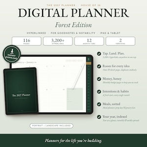 May include: A digital planner titled The 2027 Planner Forest Edition, featuring 116 pages, 3,200+ hyperlinks, 12 month tabs, and 2 versions. The display shows a weekly layout on a tablet screen with a stylus and a dark green cover design.