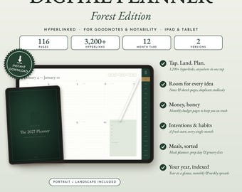 Może przedstawiać: Cyfrowy planer zatytułowany The 2027 Planner Forest Edition, zawierający 116 stron, 3200+ hiperłączy, 12 zakładek miesięcznych i 2 wersje. Ekran pokazuje układ tygodniowy na tablecie z rysikiem oraz ciemnozieloną okładkę.