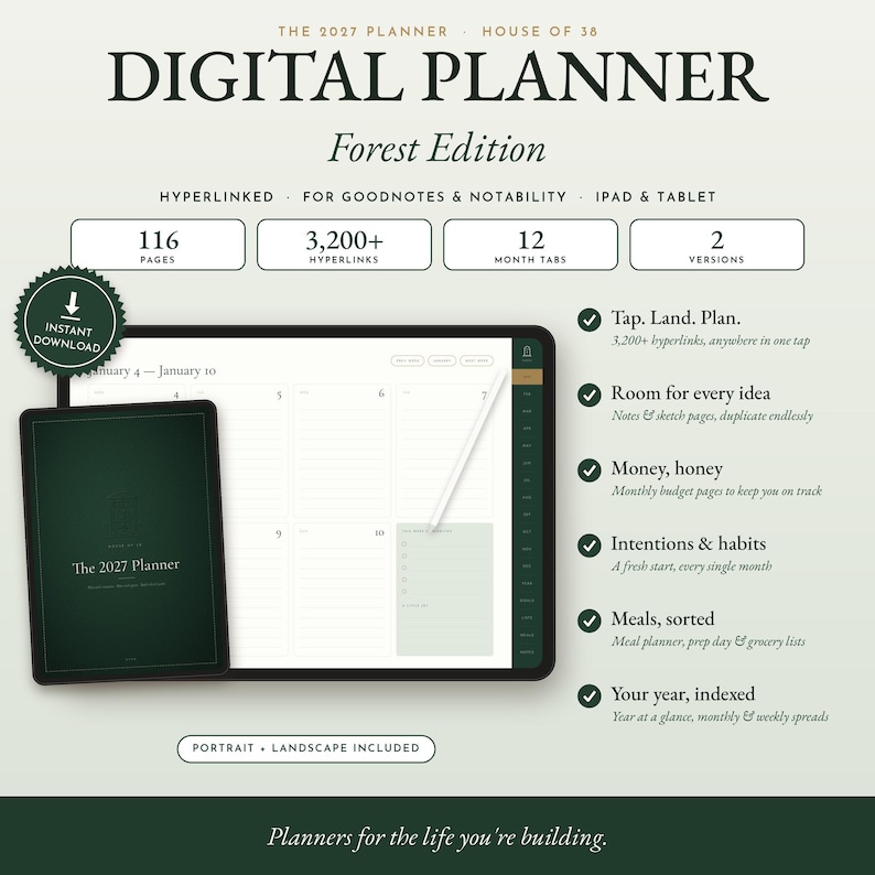 May include: A digital planner titled The 2027 Planner Forest Edition, featuring 116 pages, 3,200+ hyperlinks, 12 month tabs, and 2 versions. The display shows a weekly layout on a tablet screen with a stylus and a dark green cover design.