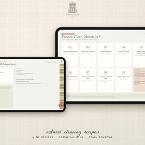 May include: Two digital tablets displaying a cleaning recipe guide titled Fresh & Clean, Naturally. The screens show a numbered list of nine natural cleaning recipes, including Citrus All-Purpose Spray, with ingredients, instructions, and tabs.