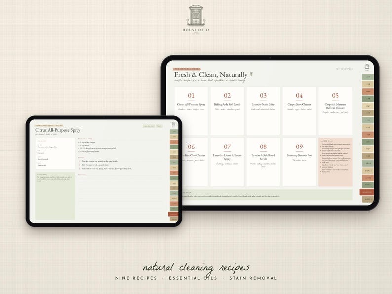 May include: Two digital tablets displaying a cleaning recipe guide titled Fresh & Clean, Naturally. The screens show a numbered list of nine natural cleaning recipes, including Citrus All-Purpose Spray, with ingredients, instructions, and tabs.