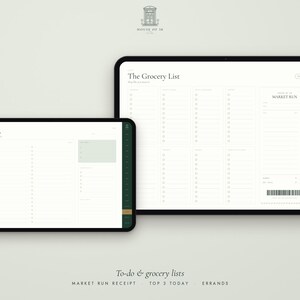 May include: Two digital tablets displaying productivity planners. The smaller screen shows a To-Do list with a top three section. The larger screen displays The Grocery List with categorized columns and a Market Run receipt section with a barcode.