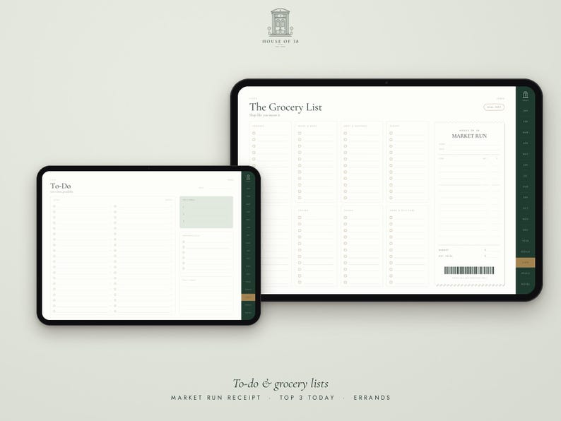 May include: Two digital tablets displaying productivity planners. The smaller screen shows a To-Do list with a top three section. The larger screen displays The Grocery List with categorized columns and a Market Run receipt section with a barcode.