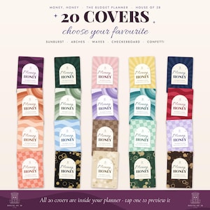 Op de afbeelding: Een collectie van 20 budgetplanner-covers gerangschikt in vijf kolommen, met diverse patronen zoals sunburst, bogen, golven, dambord en confetti in verschillende kleuren. Elke cover toont de tekst Money, Honey The Budget Planner.