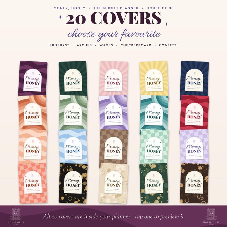 Op de afbeelding: Een collectie van 20 budgetplanner-covers gerangschikt in vijf kolommen, met diverse patronen zoals sunburst, bogen, golven, dambord en confetti in verschillende kleuren. Elke cover toont de tekst Money, Honey The Budget Planner.