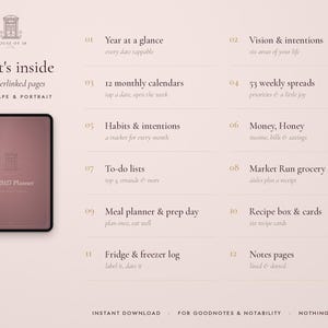 May include: A digital planner display showing 116 hyperlinked pages with a list of features including Year at a glance, 12 monthly calendars, 53 weekly spreads, habits, money tracker, to-do lists, grocery lists, meal planner, and notes.
