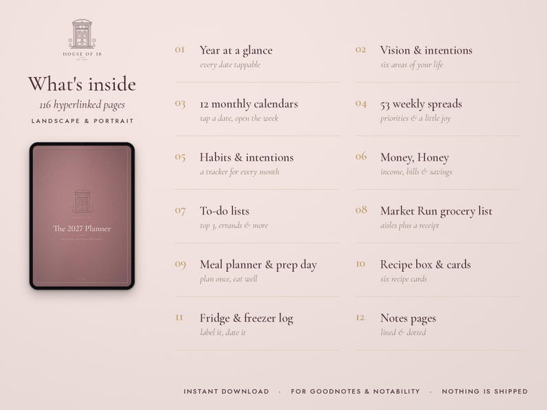 May include: A digital planner display showing 116 hyperlinked pages with a list of features including Year at a glance, 12 monthly calendars, 53 weekly spreads, habits, money tracker, to-do lists, grocery lists, meal planner, and notes.