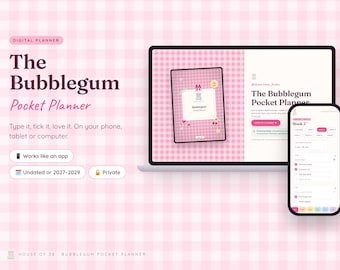 Könnte beinhalten: Ein digitaler Planer mit dem Titel The Bubblegum Pocket Planner, der auf einem Laptop-Bildschirm und einem Smartphone angezeigt wird. Die Oberfläche zeigt einen rosa Vichy-Hintergrund, ein Planer-Cover mit Symbolen und eine Aufgabenliste.