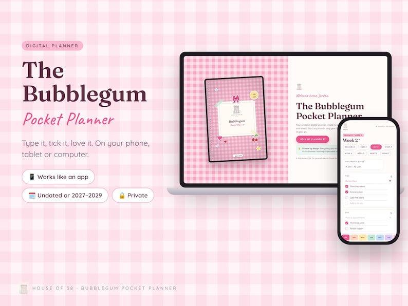 Może przedstawiać: Cyfrowy planer o nazwie The Bubblegum Pocket Planner wyświetlony na ekranie laptopa i smartfona. Interfejs posiada r&oacute;żowe tło w kratkę, okładkę planera z ozdobnymi ikonami oraz widok listy zadań na dany tydzień.