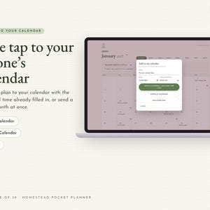 May include: A laptop screen displays a digital calendar interface with a pop-up window titled Add to my calendar. Text on the left reads One tap to your phone's calendar, with buttons for Apple Calendar, Google Calendar, and Outlook below.