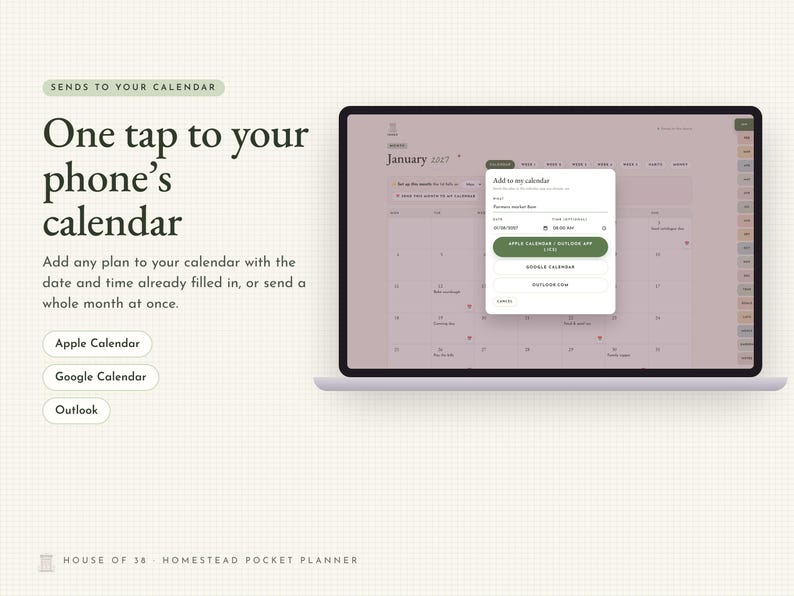 May include: A laptop screen displays a digital calendar interface with a pop-up window titled Add to my calendar. Text on the left reads One tap to your phone's calendar, with buttons for Apple Calendar, Google Calendar, and Outlook below.