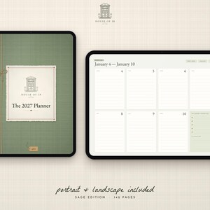 May include: A digital planner displayed on two tablets, one in portrait and one in landscape orientation. The sage green cover features the text 'House of 18' and 'The 2027 Planner'. The landscape view shows a weekly layout for January 4-10.