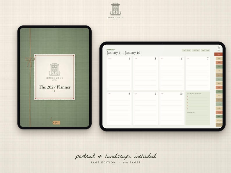 May include: A digital planner displayed on two tablets, one in portrait and one in landscape orientation. The sage green cover features the text 'House of 18' and 'The 2027 Planner'. The landscape view shows a weekly layout for January 4-10.
