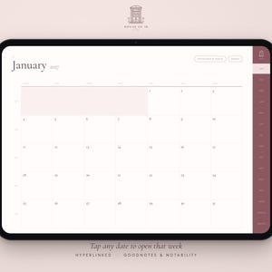 May include: A digital tablet displaying a January 2027 calendar interface with a light background, dark text, and a maroon sidebar. The screen features a grid layout for dates, navigation buttons, and the text 'Tap any date to open that week'.