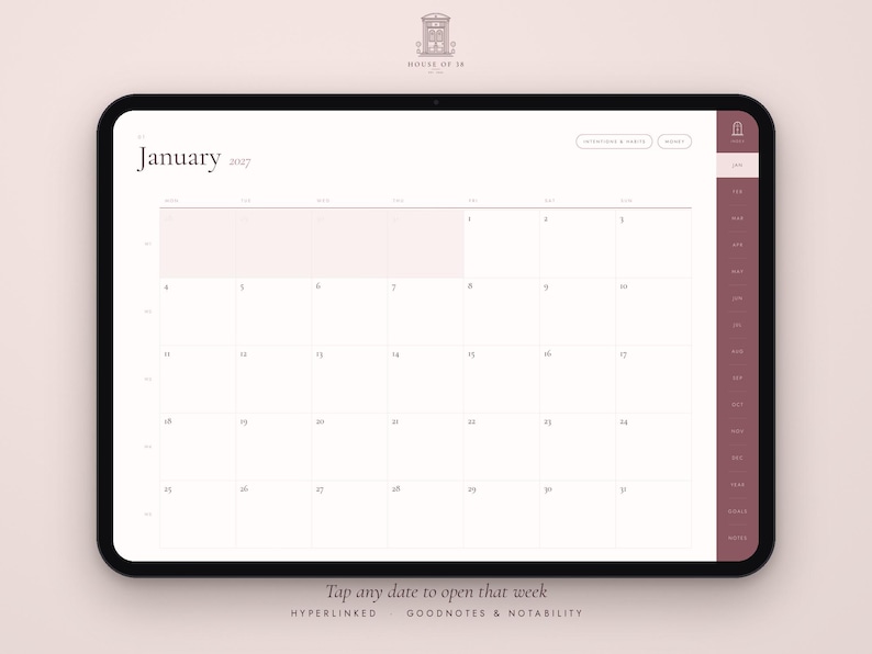May include: A digital tablet displaying a January 2027 calendar interface with a light background, dark text, and a maroon sidebar. The screen features a grid layout for dates, navigation buttons, and the text 'Tap any date to open that week'.