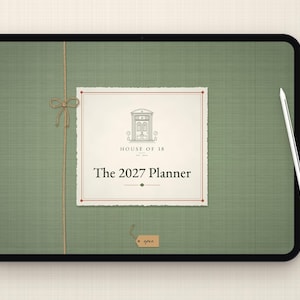 May include: A digital tablet displaying a green textured cover with a twine bow and a central white label. The label features a line drawing of a door, the text House of 38, and The 2027 Planner. A white stylus rests on the right side.