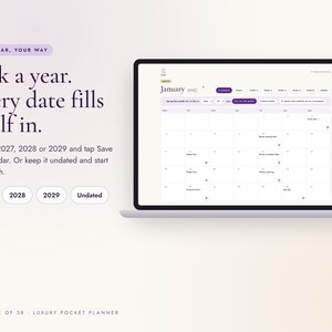 K&ouml;nnte beinhalten: Eine digitale Planer-Oberfl&auml;che auf einem Laptop-Bildschirm mit einem Kalender f&uuml;r Januar 2027. Der Text lautet: Your year, your way. Pick a year. Every date fills itself in. Choose 2027, 2028 or 2029 and tap Save my calendar.