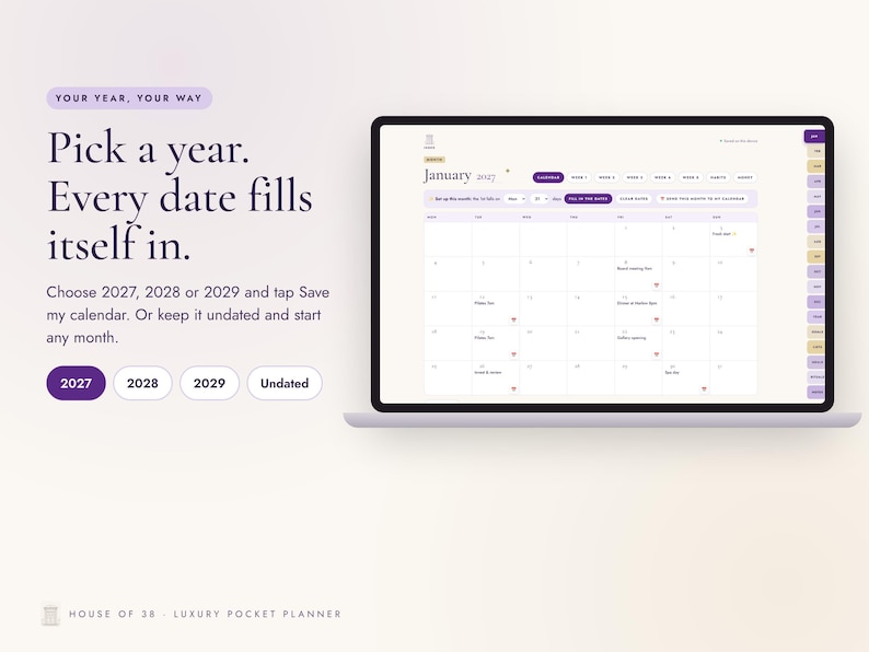 K&ouml;nnte beinhalten: Eine digitale Planer-Oberfl&auml;che auf einem Laptop-Bildschirm mit einem Kalender f&uuml;r Januar 2027. Der Text lautet: Your year, your way. Pick a year. Every date fills itself in. Choose 2027, 2028 or 2029 and tap Save my calendar.