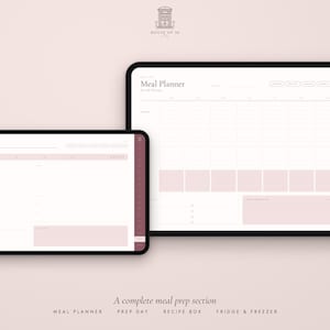 May include: Two digital tablets displaying a meal planner interface with a light pink and white color scheme. The screens feature grids for weekly planning, a recipe box section, and a fridge and freezer inventory list with text labels.
