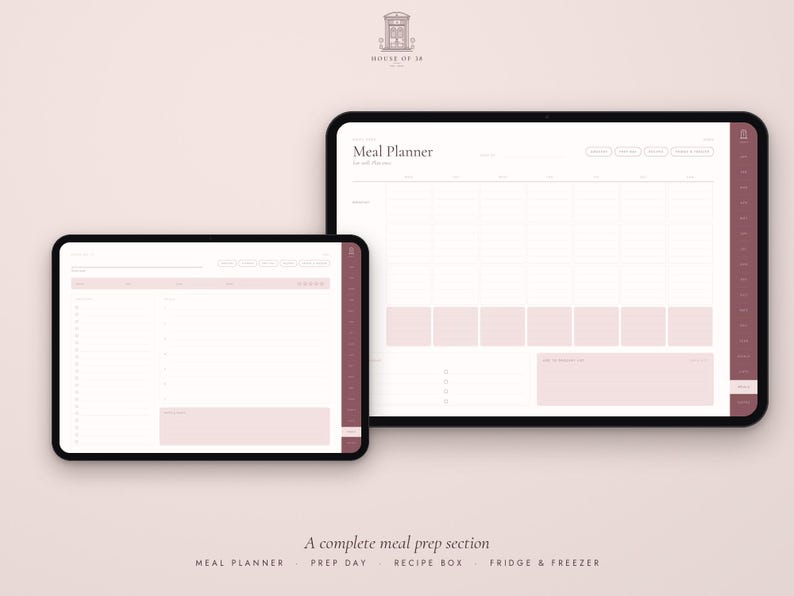 May include: Two digital tablets displaying a meal planner interface with a light pink and white color scheme. The screens feature grids for weekly planning, a recipe box section, and a fridge and freezer inventory list with text labels.