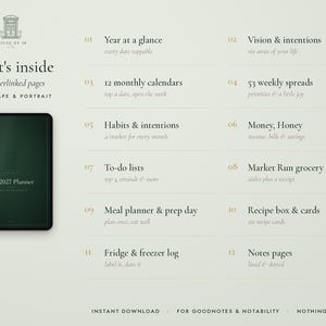 May include: A digital planner for 2027 displayed on a tablet screen, featuring 116 hyperlinked pages. The list includes a year at a glance, monthly calendars, weekly spreads, habit trackers, financial logs, to-do lists, grocery lists, meal planners, recipe cards, freezer logs, and notes.