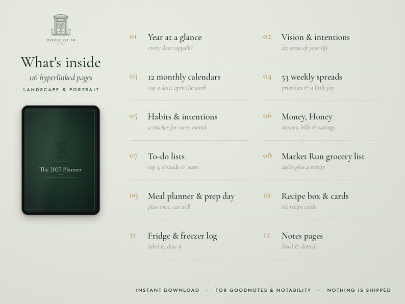 May include: A digital planner for 2027 displayed on a tablet screen, featuring 116 hyperlinked pages. The list includes a year at a glance, monthly calendars, weekly spreads, habit trackers, financial logs, to-do lists, grocery lists, meal planners, recipe cards, freezer logs, and notes.