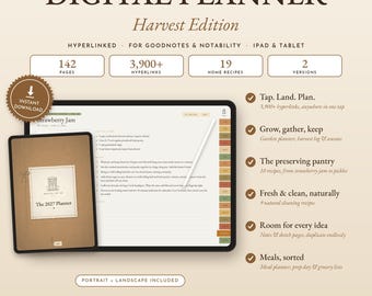 Puede incluir: Una agenda digital titulada The 2027 Planner Harvest Edition de House of 38. Incluye 142 páginas, 3.900+ hipervínculos, 19 recetas caseras y 2 versiones. La imagen muestra una tableta con una página de recetas y un lápiz óptico.