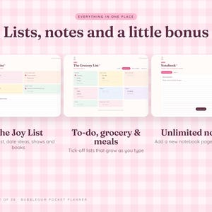 Może przedstawiać: Cyfrowy interfejs planera z trzema sekcjami zatytułowanymi The Joy List, The Grocery List i Notebook. Układ zawiera pastelowe pola na listy, notatki i pola wyboru na jasnor&oacute;żowym tle w kratkę z napisem Everything in one place.
