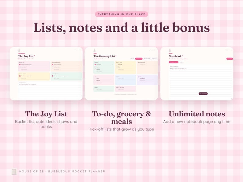 Może przedstawiać: Cyfrowy interfejs planera z trzema sekcjami zatytułowanymi The Joy List, The Grocery List i Notebook. Układ zawiera pastelowe pola na listy, notatki i pola wyboru na jasnor&oacute;żowym tle w kratkę z napisem Everything in one place.