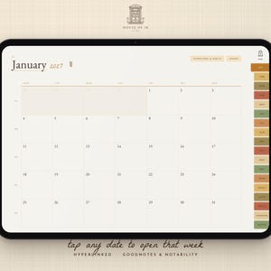 Pu&ograve; includere: Un'agenda digitale visualizzata su uno schermo di tablet che mostra una griglia del calendario di gennaio 2027. L'interfaccia presenta una barra laterale con schede colorate per mesi e categorie, incluse etichette come Intentions & Habits e Money.