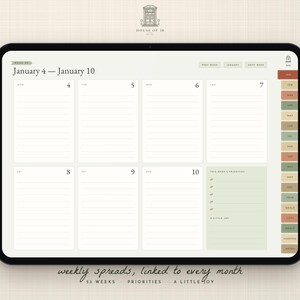 May include: A digital weekly planner displayed on a tablet screen, showing a layout for January 4 through January 10. The interface features lined daily sections, a priorities list, and a sidebar with monthly tabs labeled JAN through DEC.