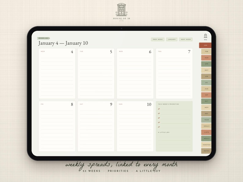 May include: A digital weekly planner displayed on a tablet screen, showing a layout for January 4 through January 10. The interface features lined daily sections, a priorities list, and a sidebar with monthly tabs labeled JAN through DEC.